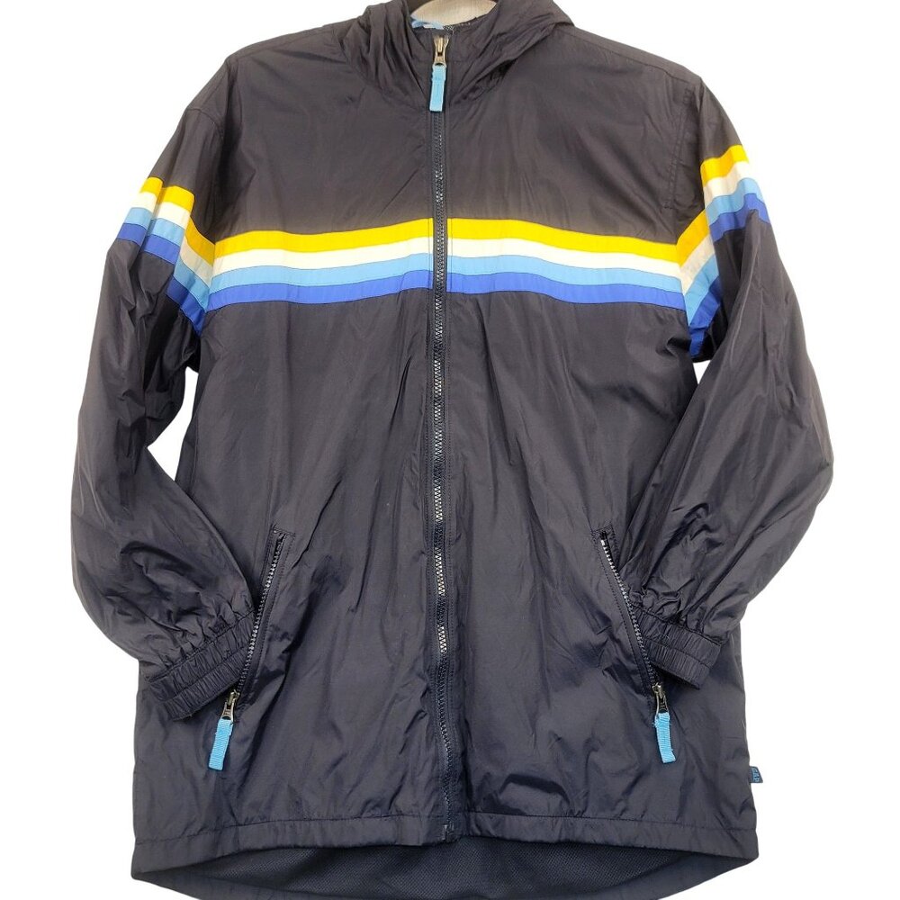 Gap Kids XL 12 Navy Windbreaker Yellow Blue Stripes Full-Zip Hooded Mesh Lining